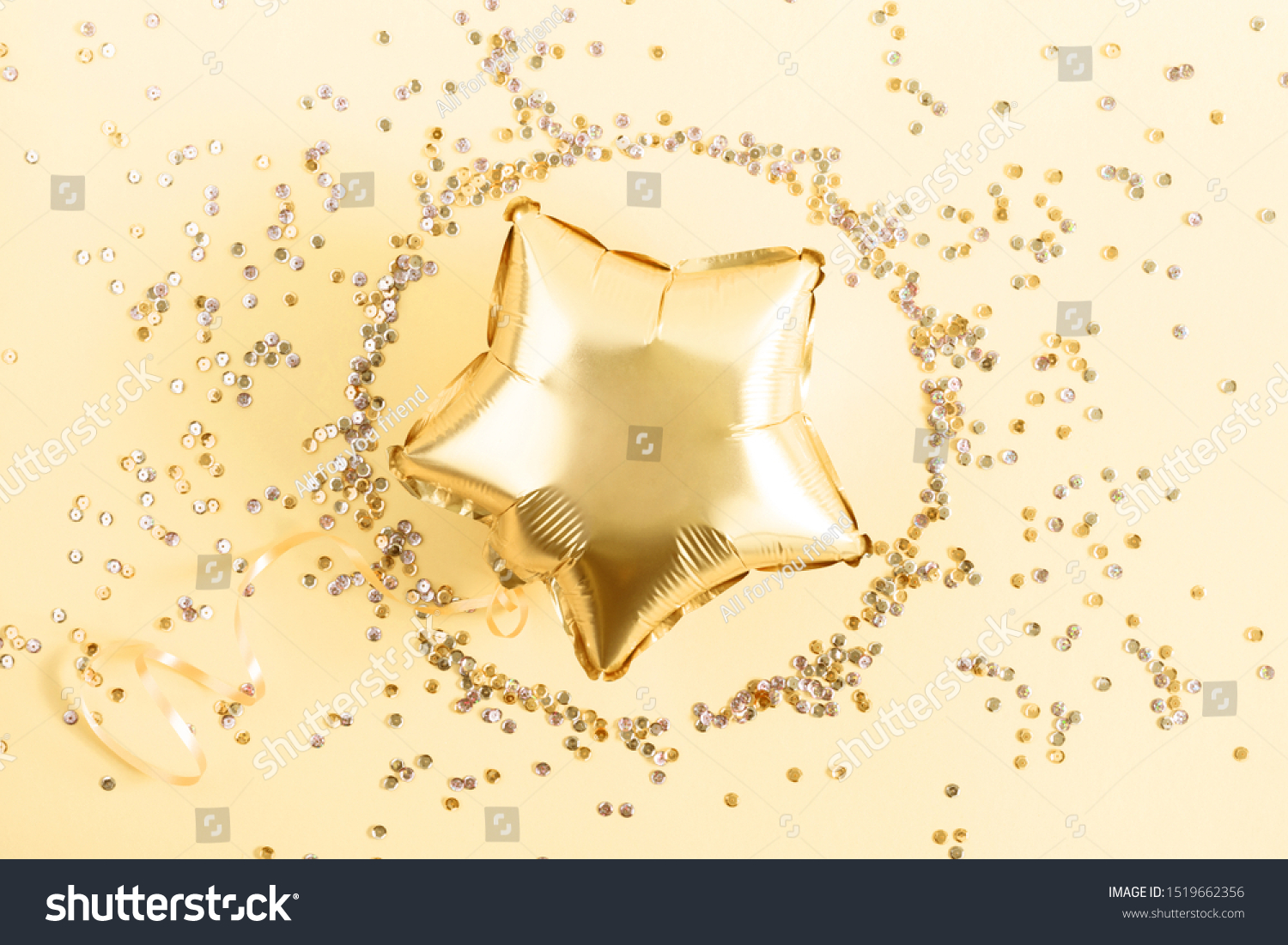 Festive Christmas composition. Shining stars and shining balloons, confetti, Xmas golden decorations on gold background. Christmas. Wedding. Birthday. Holiday concept. Flat lay, top view, copy space #1519662356