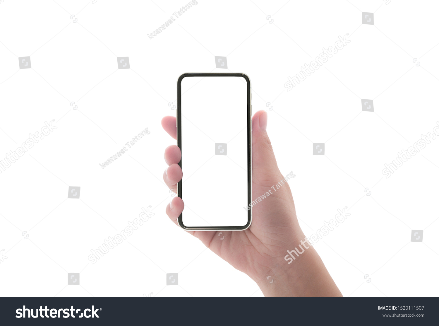 close up hand hold phone isolated on white, mock-up smartphone black color blank screen #1520111507