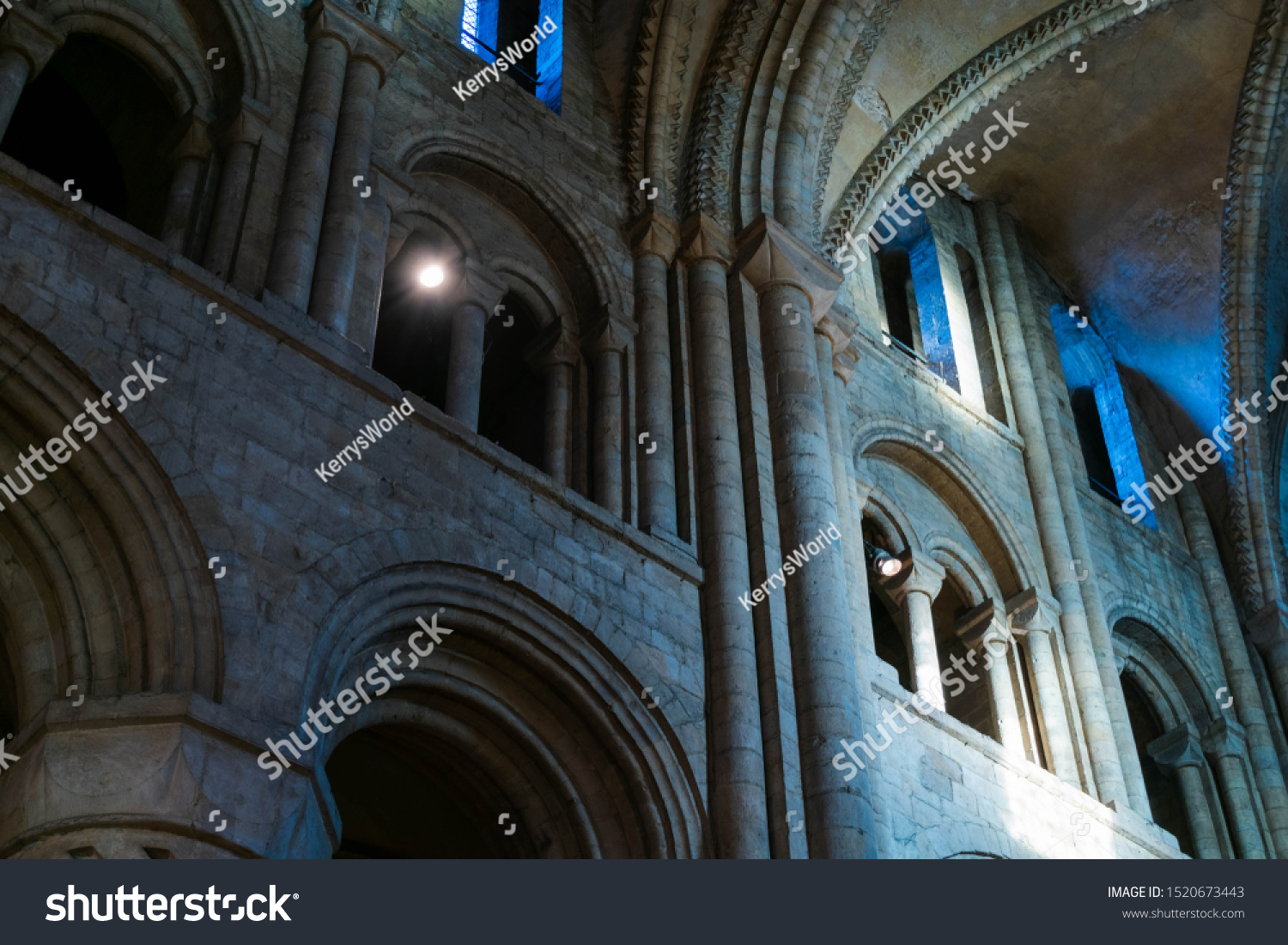 Inside interior Durham Cathedral, England. Church of Christ, Blessed Mary the Virgin and St Cuthbert's of Durham. Gothic architecture, religious spooky background. Religious architecture concept  #1520673443