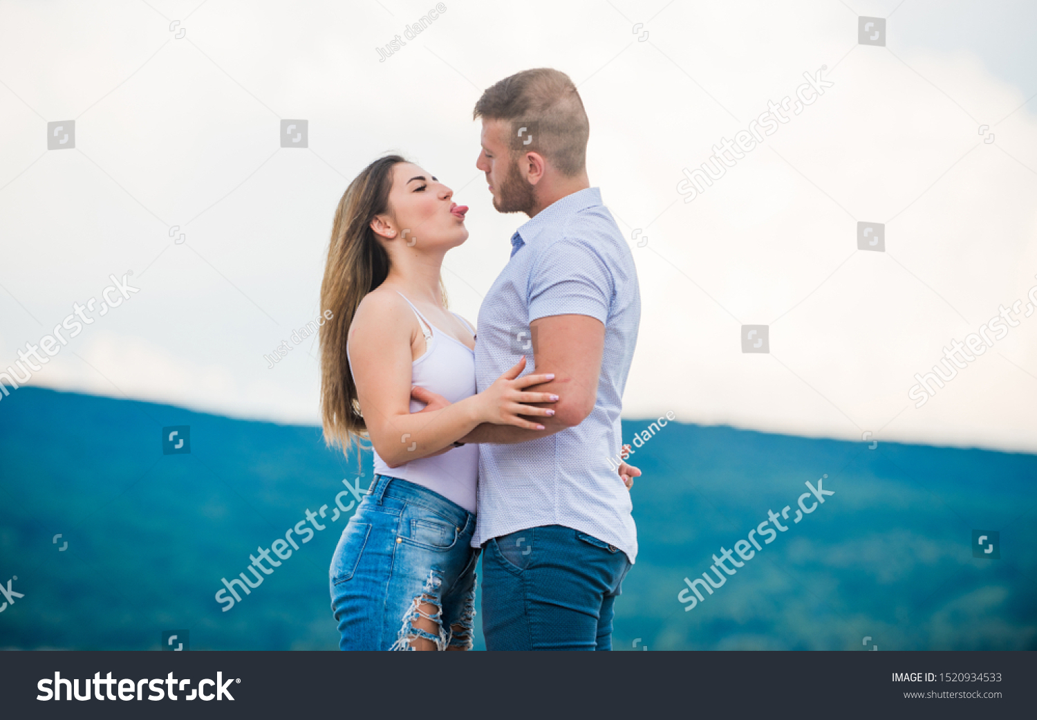 Supporting her. Together forever. Love story. Just married. Honeymoon concept. Romantic relations. True love. Family love. Couple in love. Cute relationship. Man and woman cuddle nature background. #1520934533