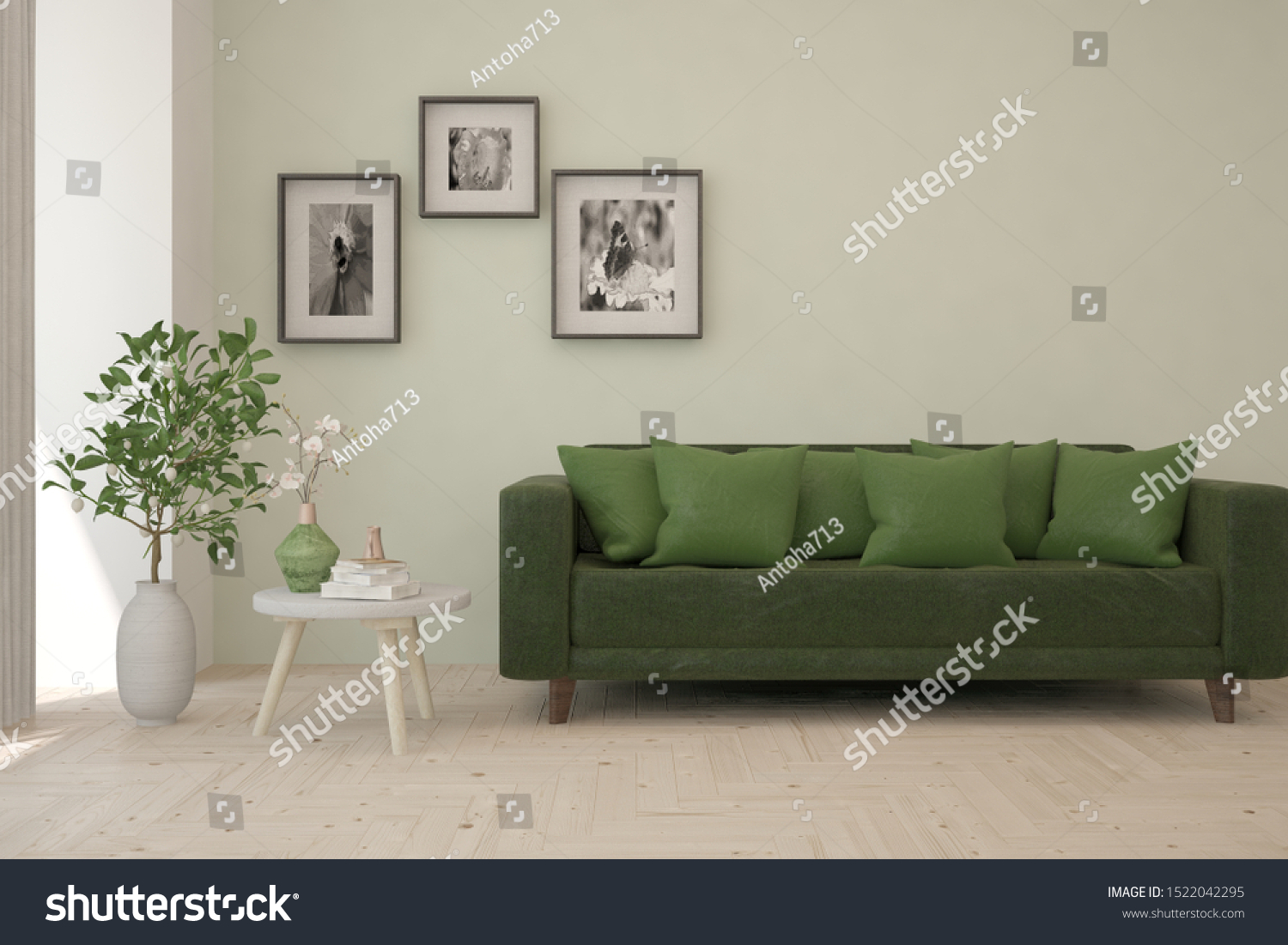 Stylish room in white color with sofa. Scandinavian interior design. 3D illustration #1522042295