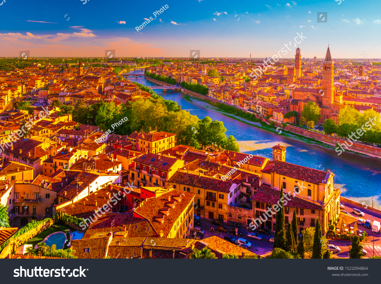 Panoramic view of Verona, Italy with the Santa Anastasia Church and the Lamberti Tower. Beautiful photo of italian landmarks #1522094864
