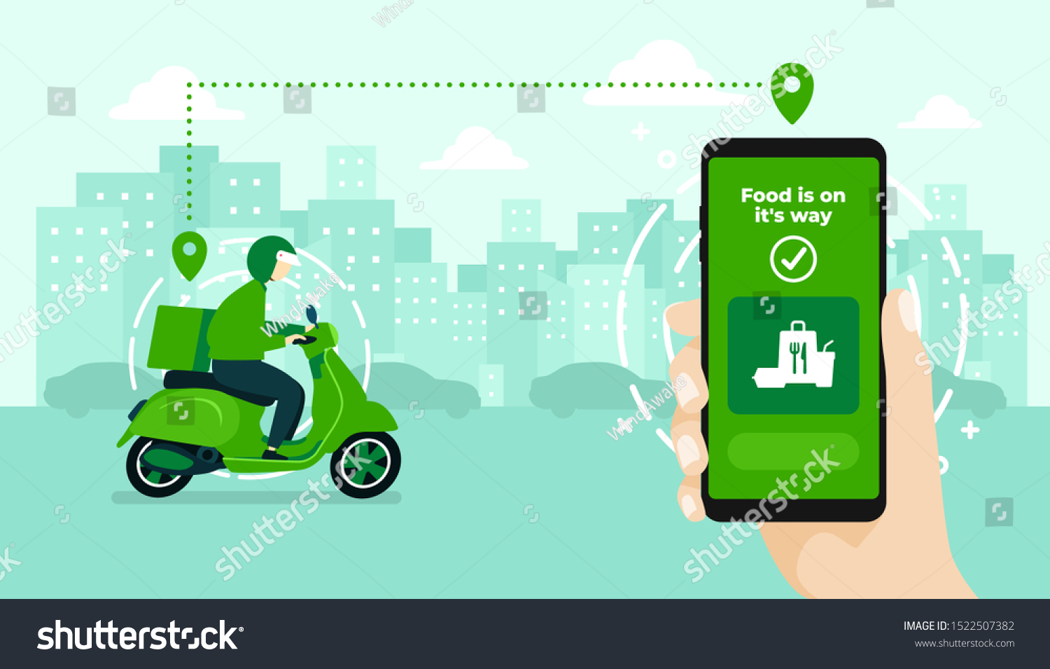 Food delivery service by scooter with courier. Hand holding mobile application tracking a delivery man on a moped. city skyline in the background. #1522507382