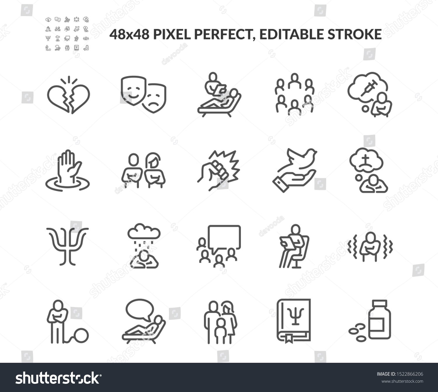 Simple Set of Psychology Related Vector Line Icons. Contains such Icons as Family Relationship, Group Therapy, Addiction and more. Editable Stroke. 48x48 Pixel Perfect. #1522866206