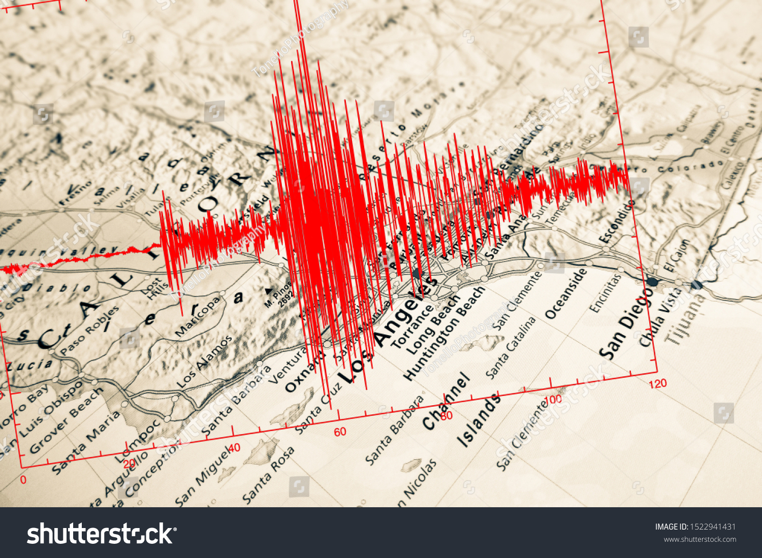 Red seismic wave over Los Angeles map #1522941431