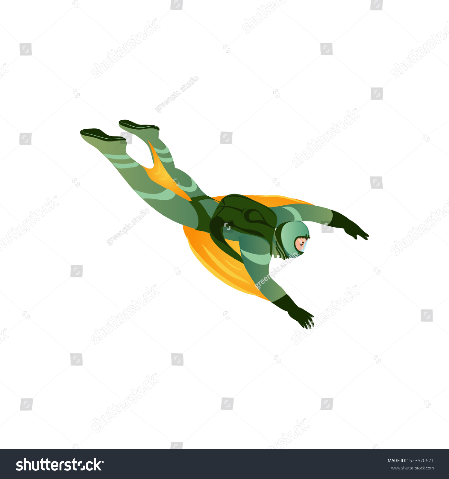 Wingsuit man flying through the air vector illustration in a flat cartoon style. #1523670671