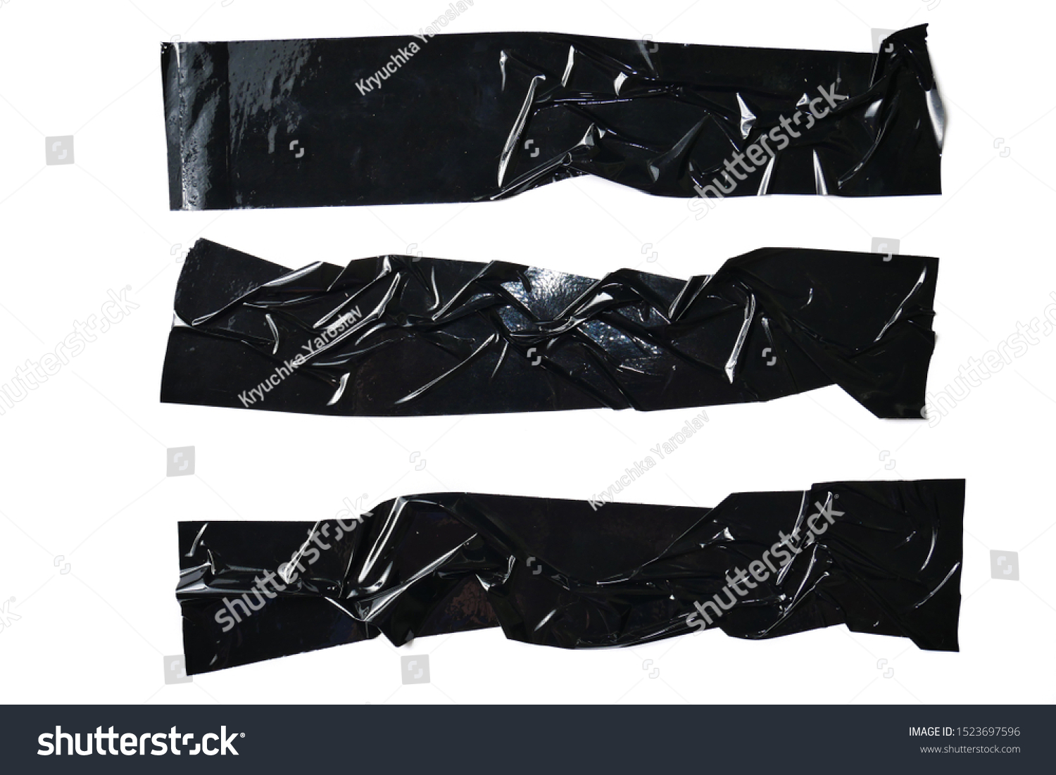 Set of various pieces of black duct tape, adhesive tape on white background #1523697596