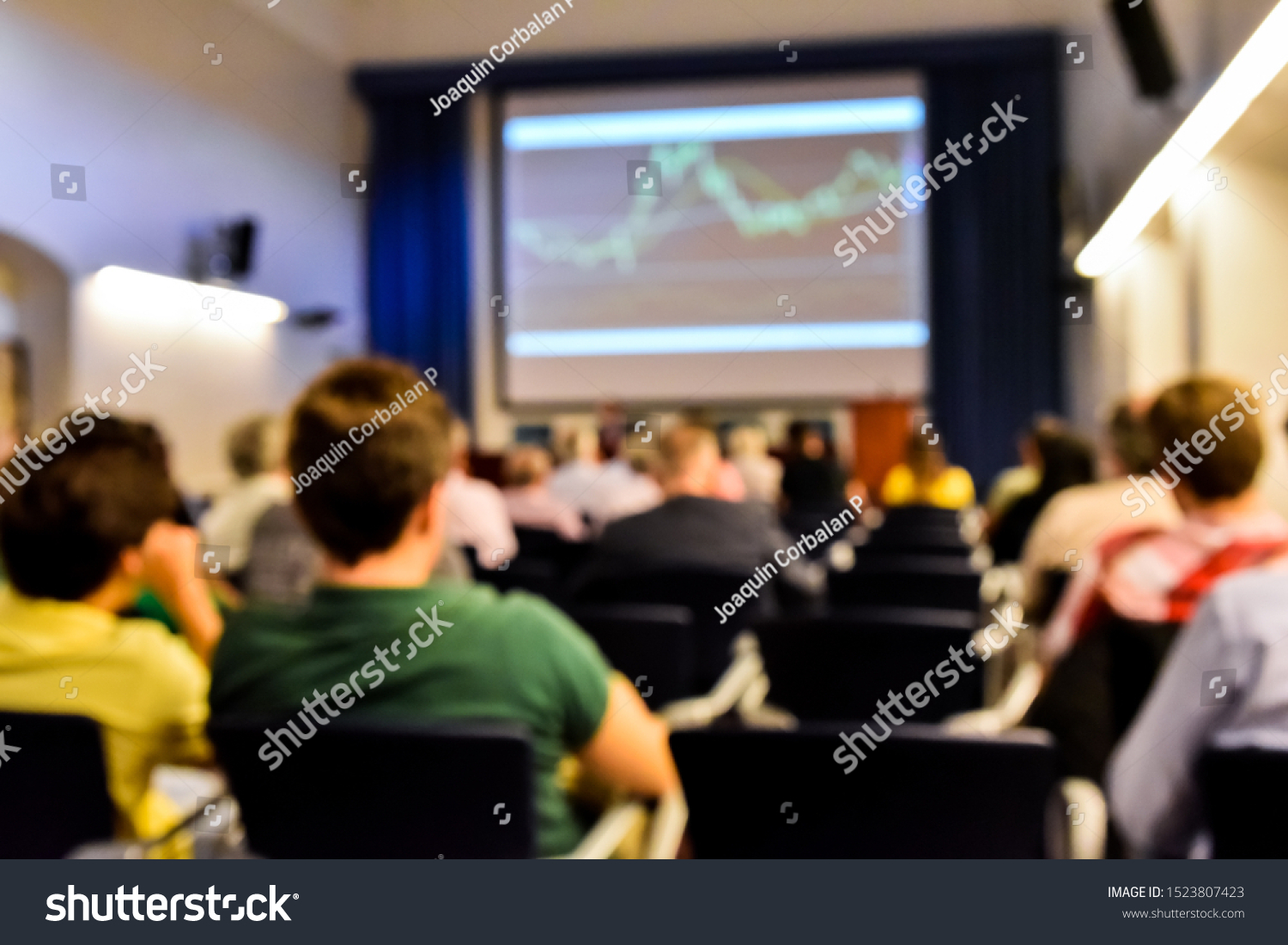 Defocused image of an economics seminar with stock market graphs, with unrecognizable people. #1523807423