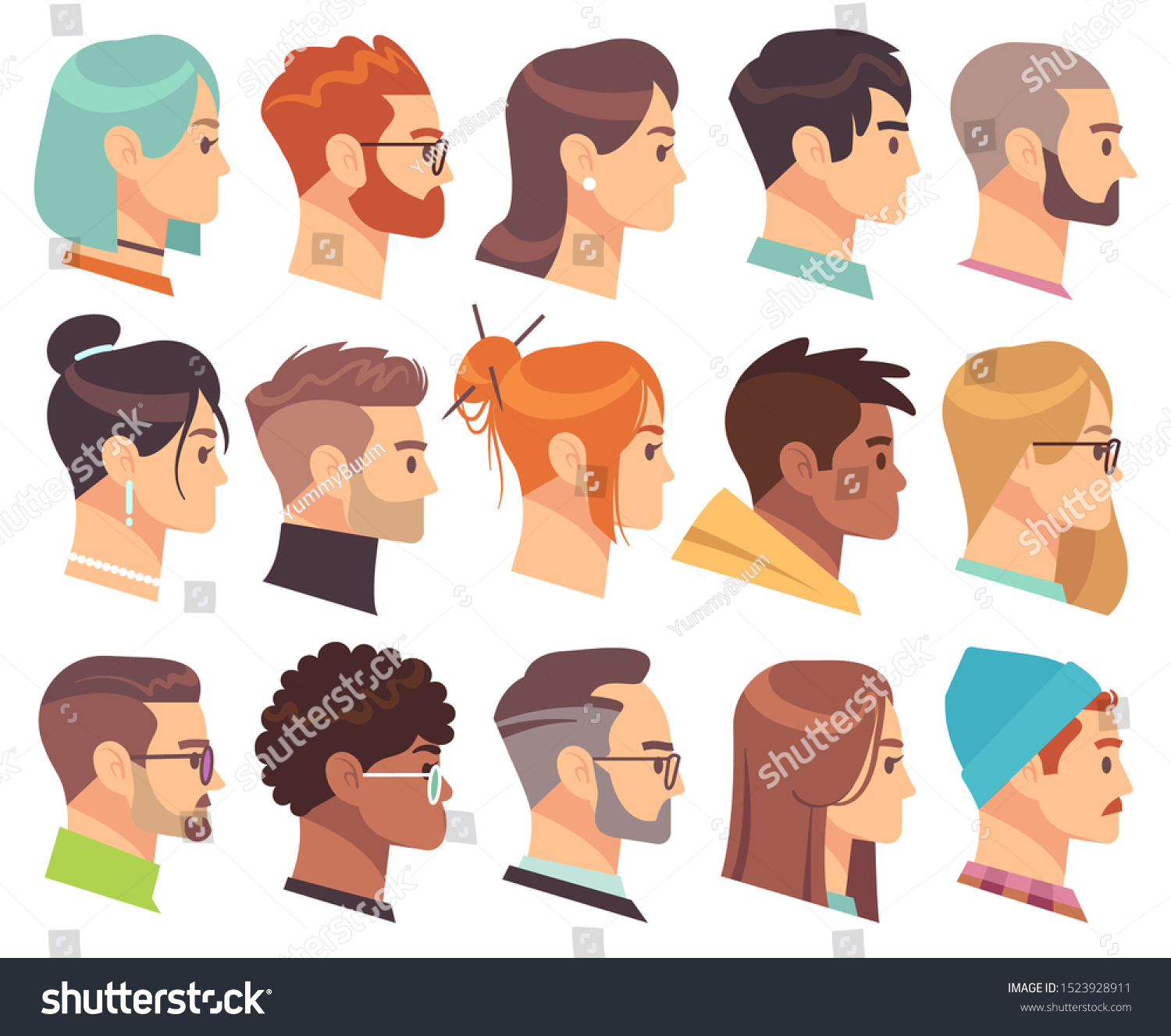 Flat heads in profile. Different human heads, male and female with various hairstyles and accessories. Colorful web avatars vector simple symbol of face character set #1523928911