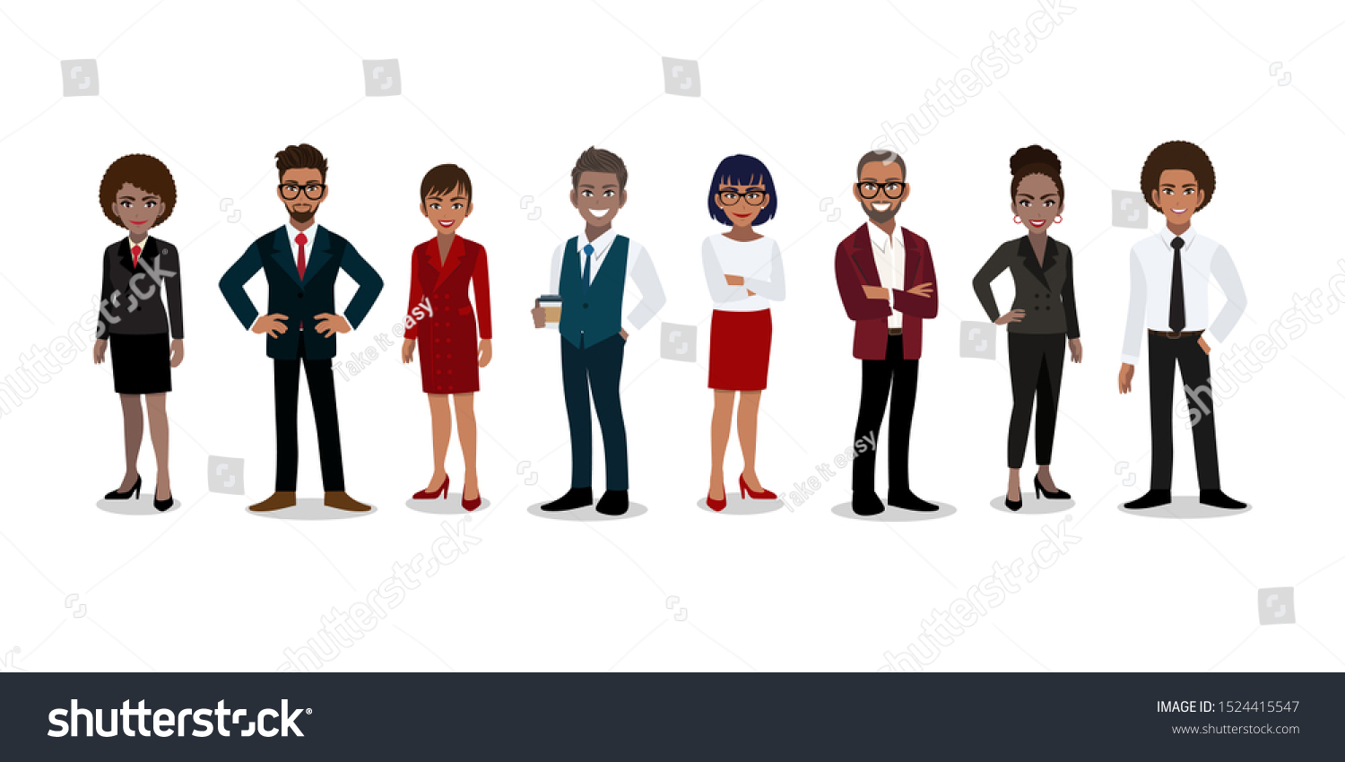 Group of African or American business people cartoon character. African or American businessman and businesswoman in office style smart suit and casual. Vector illustration #1524415547