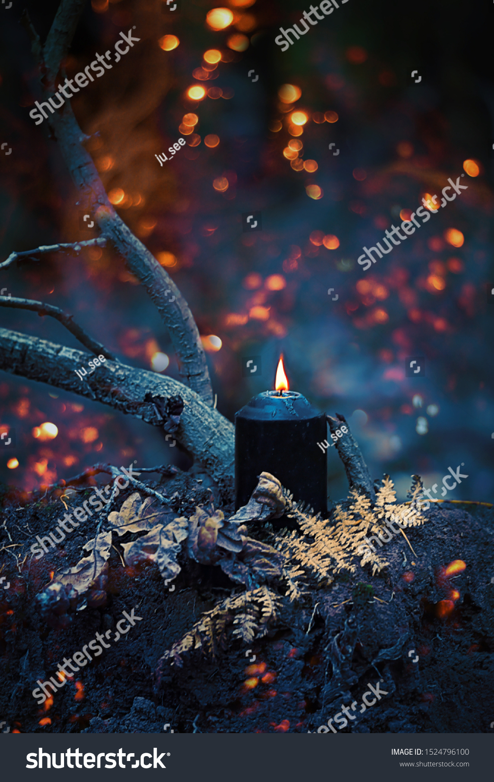 magic black candle in mystery dark autumn forest, abstract natural background. fairy scene. witchcraft ritual. Fall season. Mabon, Samhain sabbat, Halloween holiday concept. template for design #1524796100