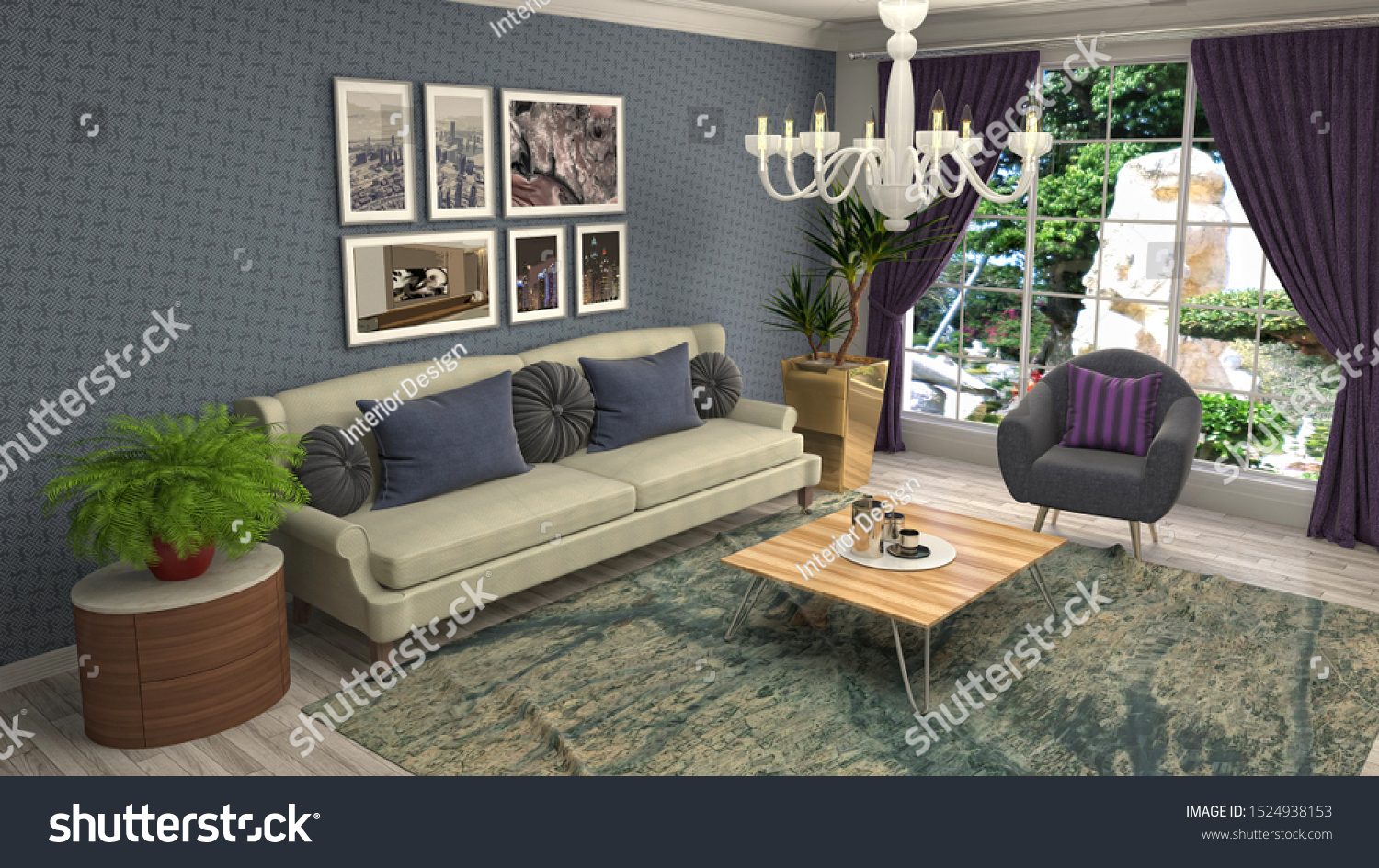 Interior of the living room. 3D illustration. #1524938153