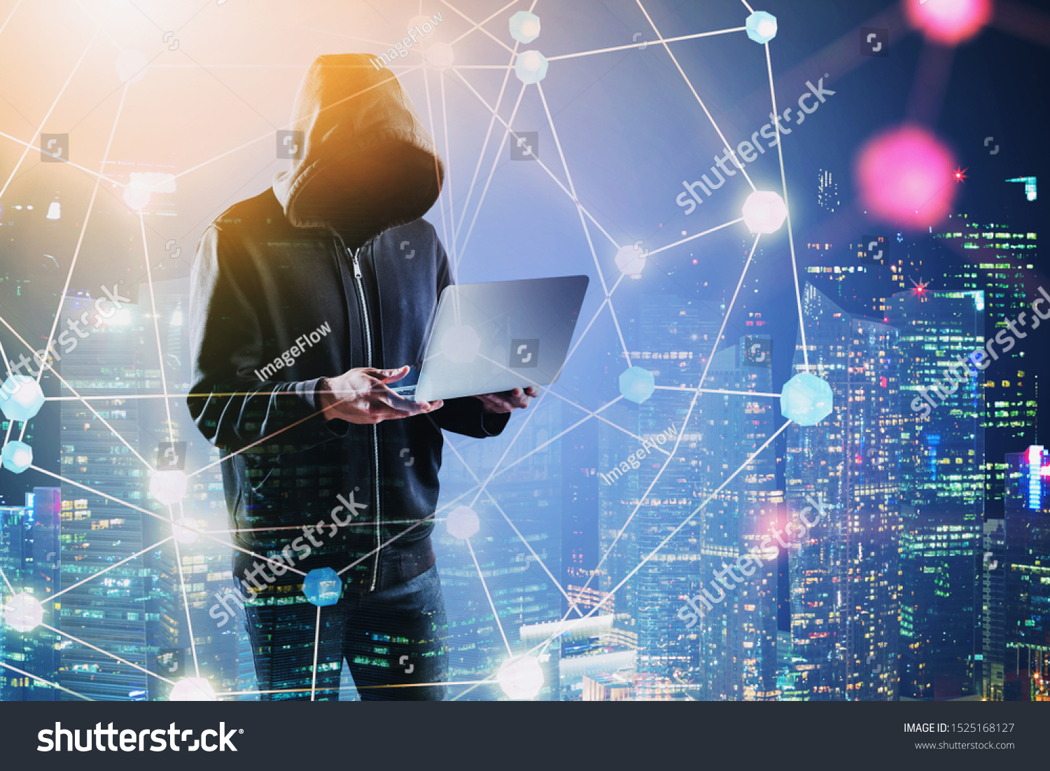 Unrecognizable young hacker with laptop standing in night city with double exposure of glowing network interface. Concept of cybercrime. Toned image #1525168127