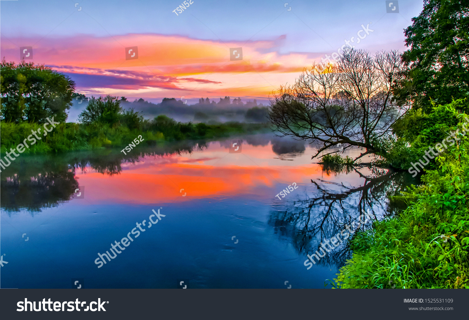 River water in beautiful sunset fog landscape view #1525531109
