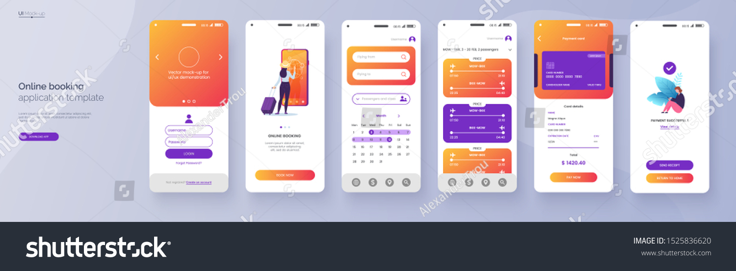 Online booking service mobile application template. UI, UX, GUI design elements. Travel application wireframe. User Interface kit isolated on grey background. Vector eps 10. #1525836620