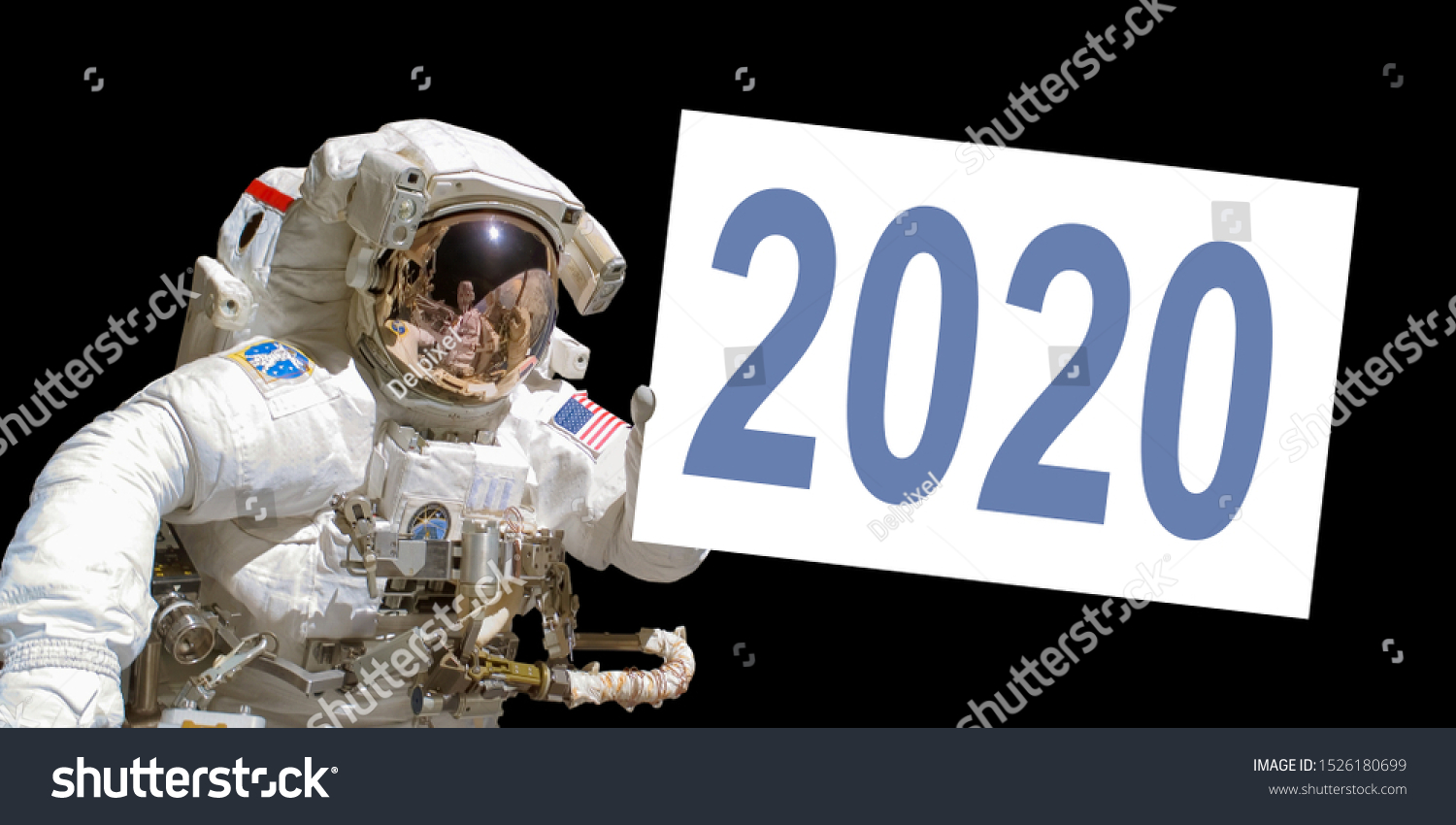 Astronaut in space holding a 2020 white  board - New year greeting card - elements of this image are provided by NASA #1526180699