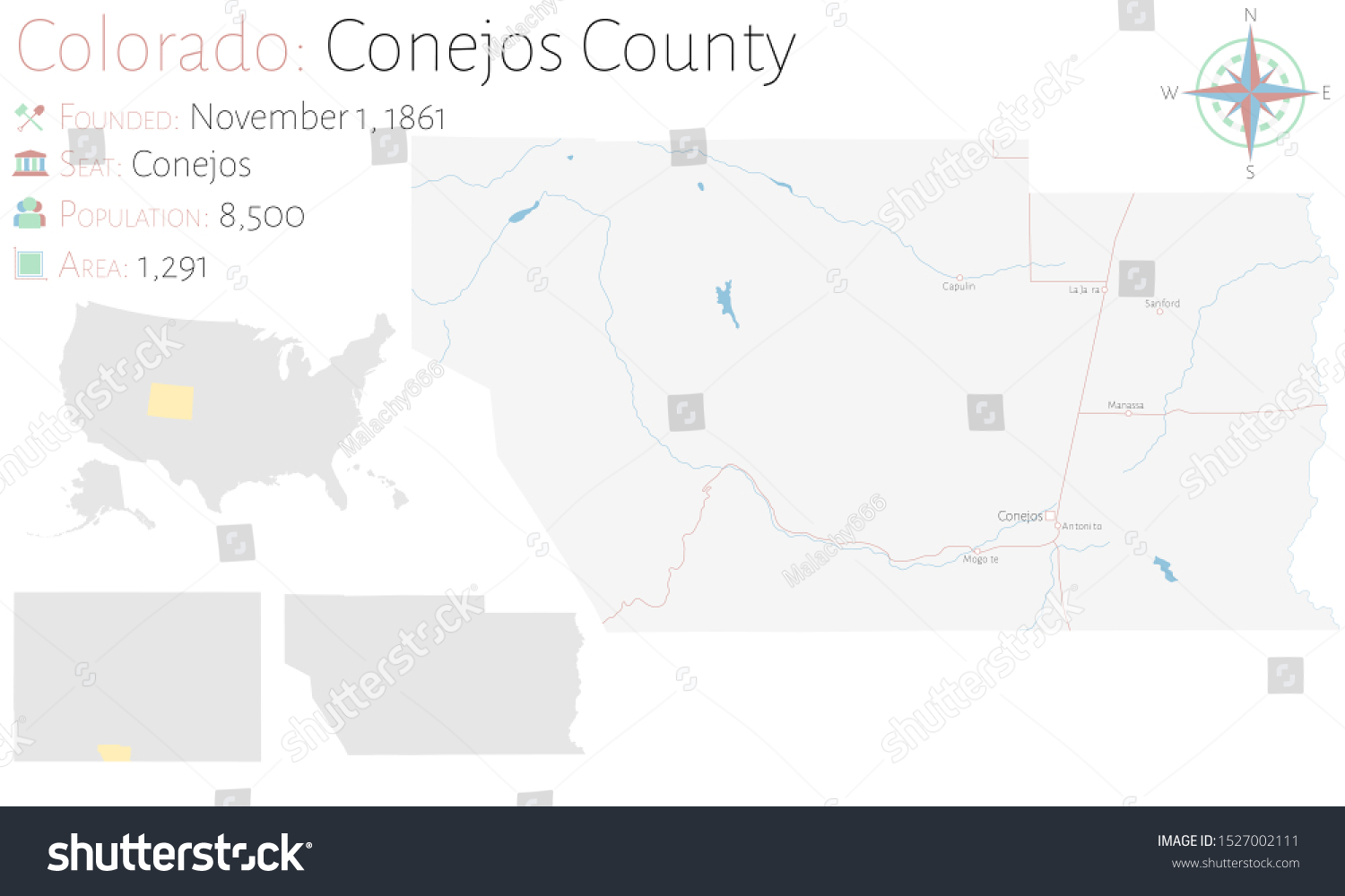 Large And Detailed Map Of Conejos County In Royalty Free Stock Vector 1527002111 7373