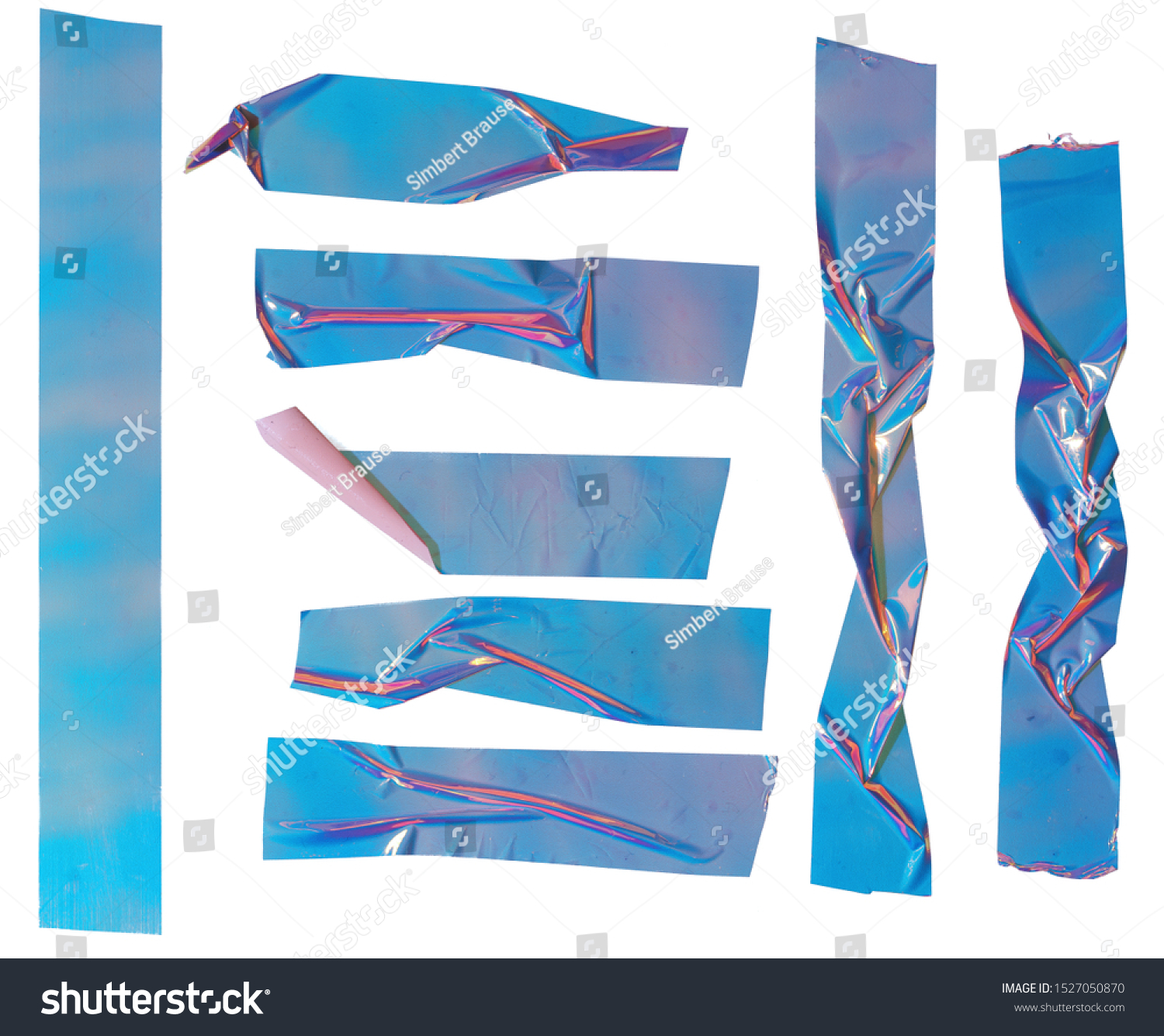 Shiny blue crumpled stickers. Cool set of metallic holographic sticky tape shapes isolated on white background. Holo glitter stripes or snips. #1527050870