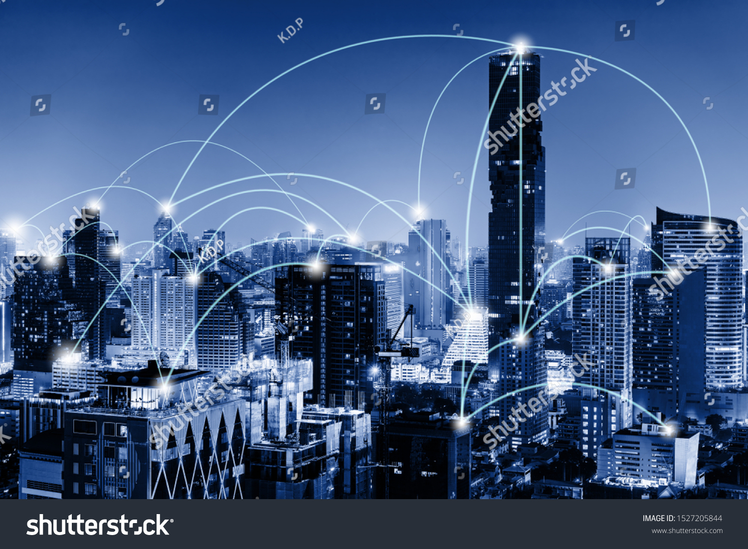 Network Telecommunication and Communication Connect Concept, Connection 5G Networking System of Infrastructure and Cityscape at Night Scenery. Technology Digital Connectivity and Information Transfer #1527205844