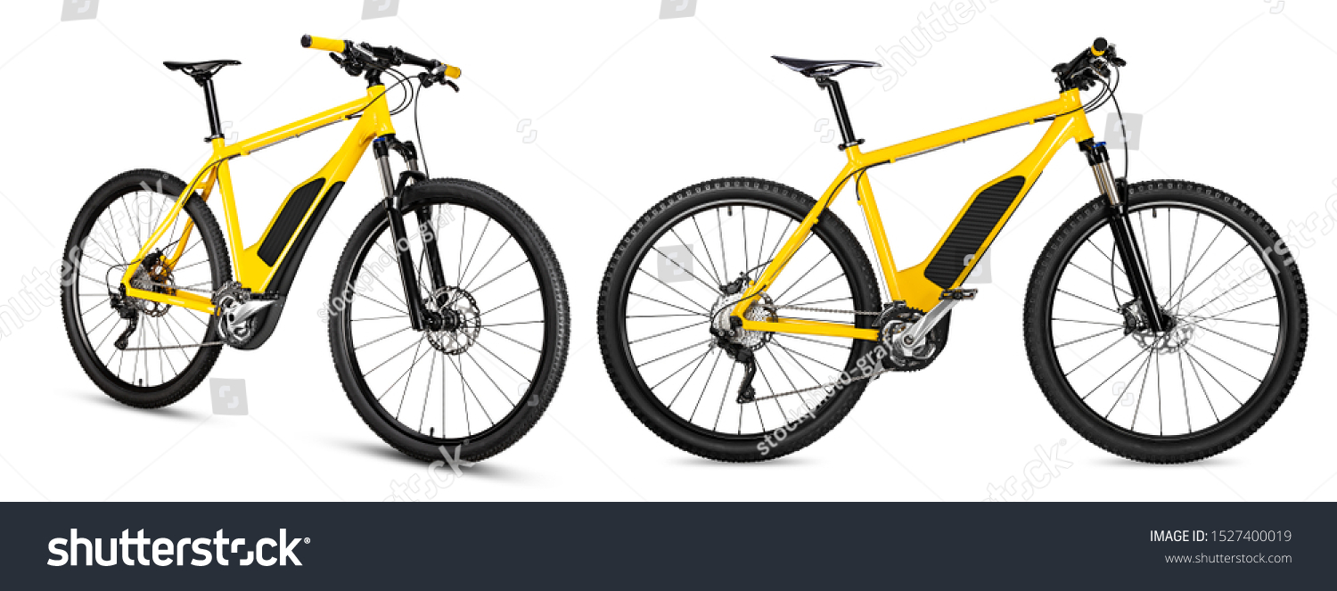 xellow ebike pedelec set with battery powered motor bicycle moutainbike. mountain bike ecology modern transport concept isolated on white background #1527400019