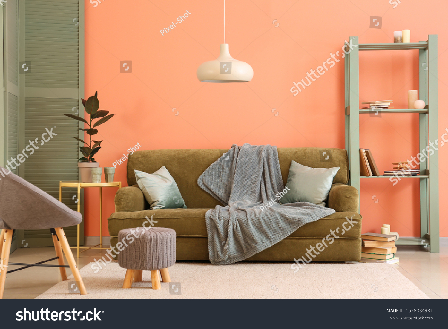 Stylish interior of living room near color wall #1528034981