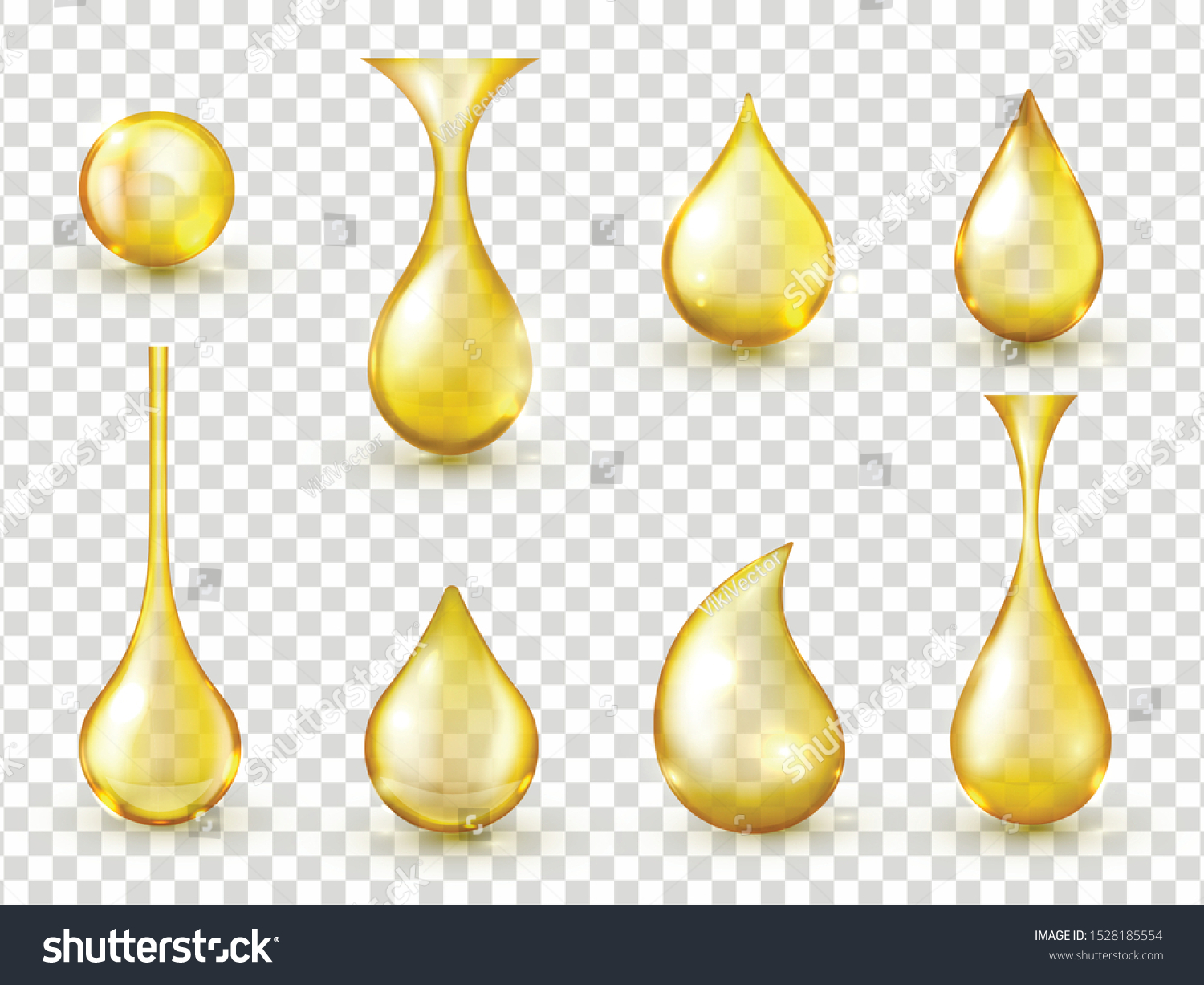 Oil drops realistic vector isolated illustrations collection. Golden liquid essence droplets 3d rendering cliparts on transparent background. Yellow lubricant, honey drip design elements bundle #1528185554