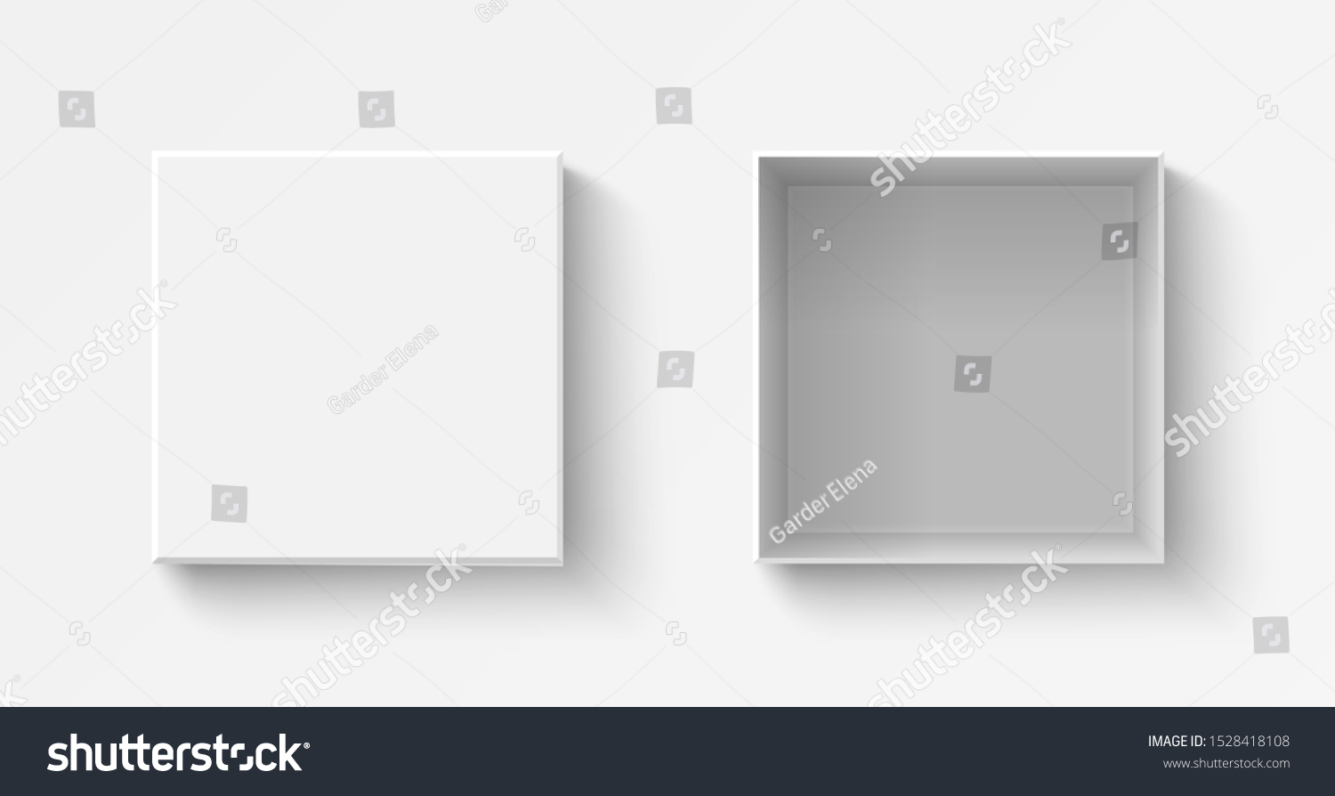 White square box top view. Open and close gift boxes. Container mockup. Realistic paper shoebox. Empty carton package. Vector present wrap. #1528418108