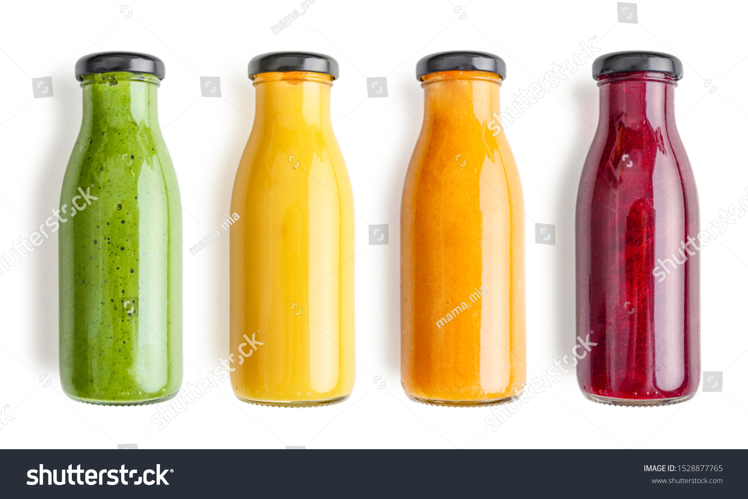 Green, yellow, orange and red smoothie in glass bottles isolated on white background, top view. Clipping path included. #1528877765