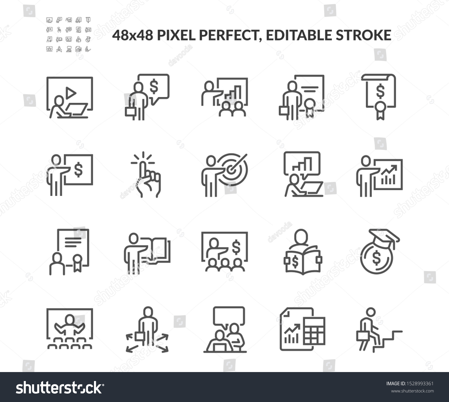 Simple Set of Business Training Related Vector Line Icons. Contains such Icons as Presentation, Class, Mentoring and more. Editable Stroke. 48x48 Pixel Perfect. #1528993361