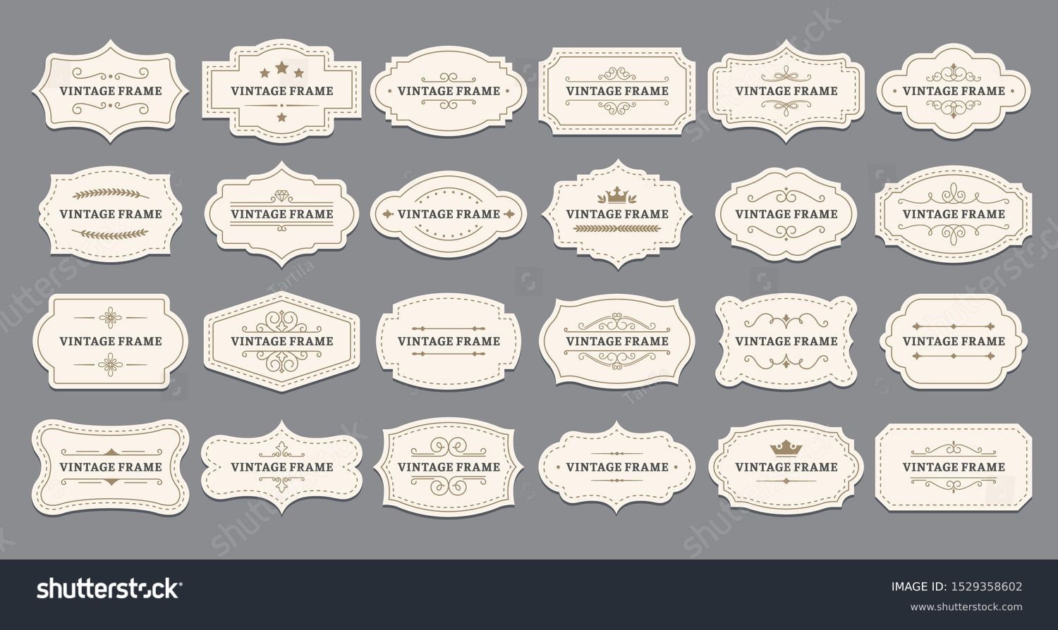 Ornamental label frames. Old ornate labels, decorative vintage frame and retro badge. Royal wedding insignia, sale sticker or invitation card. Isolated vector symbols set #1529358602
