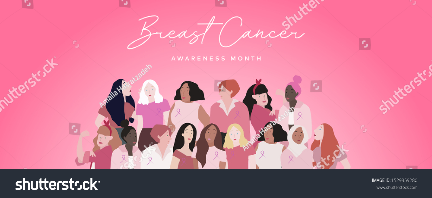 Breast Cancer Awareness Month Banner Illustration of Different Women Group with Pink Support Ribbon #1529359280