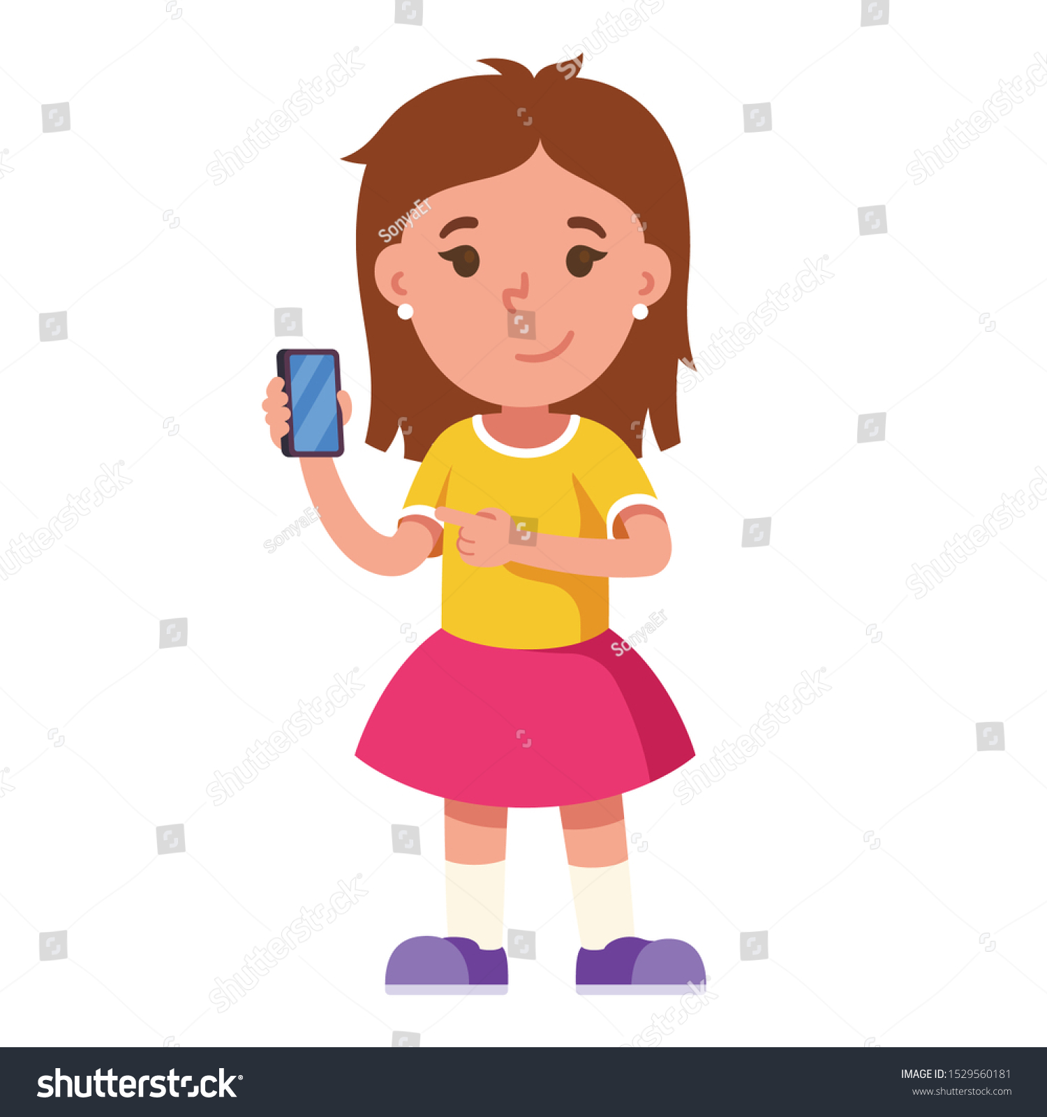 Girl Shows The Smartphone The Screen Forward Royalty Free Stock Vector 1529560181 