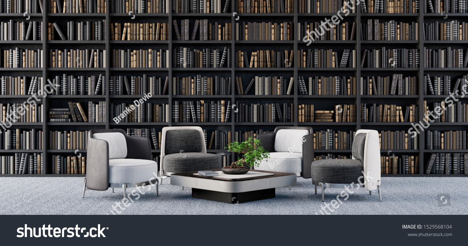 Living room interior design with library 3D Render 3D illustration #1529568104