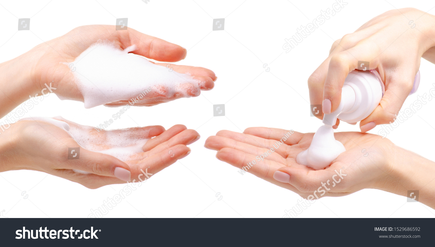 Collage beauty foam in hand on white background isolation #1529686592