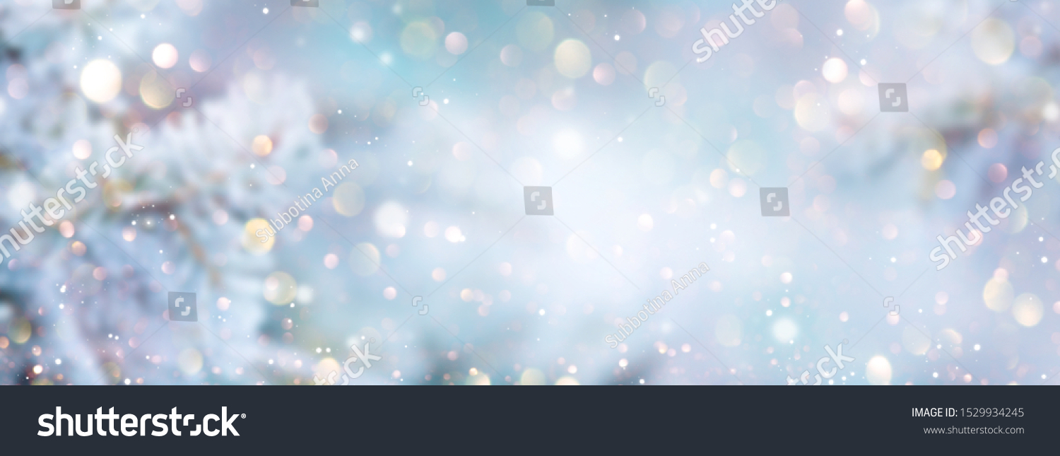 Christmas winter blurred background. Xmas tree with snow decorated with garland lights, holiday festive background. Widescreen backdrop. New year Winter art design, wide screen holiday border #1529934245