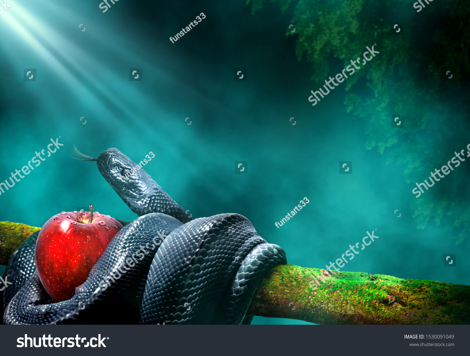 Black snake with an apple fruit in a branch of a tree. Forbidden fruit concept. #1530091049