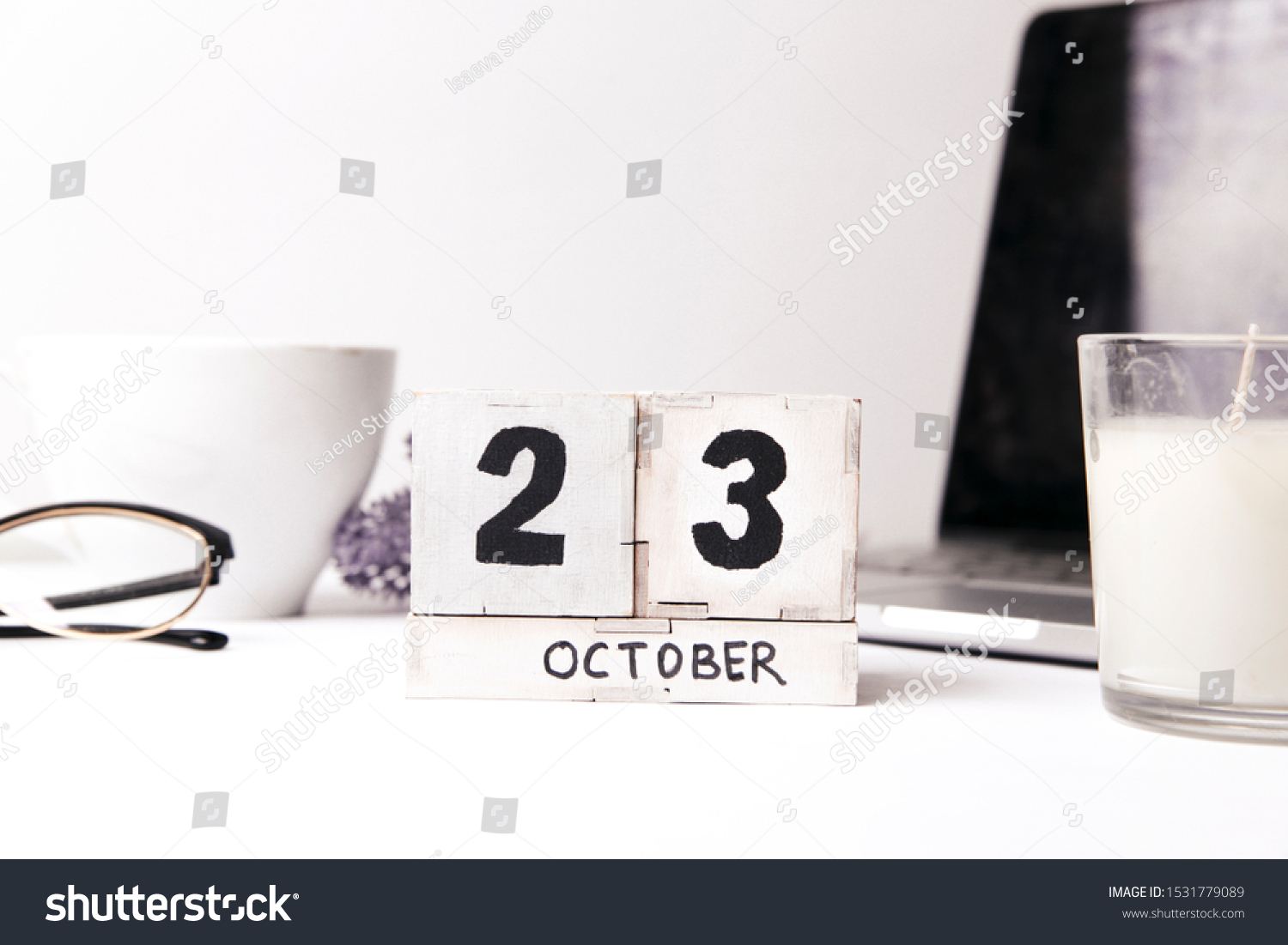 October 23th . October 23 white wooden calendar on white background. Autumn day. Copy space for your text. #1531779089