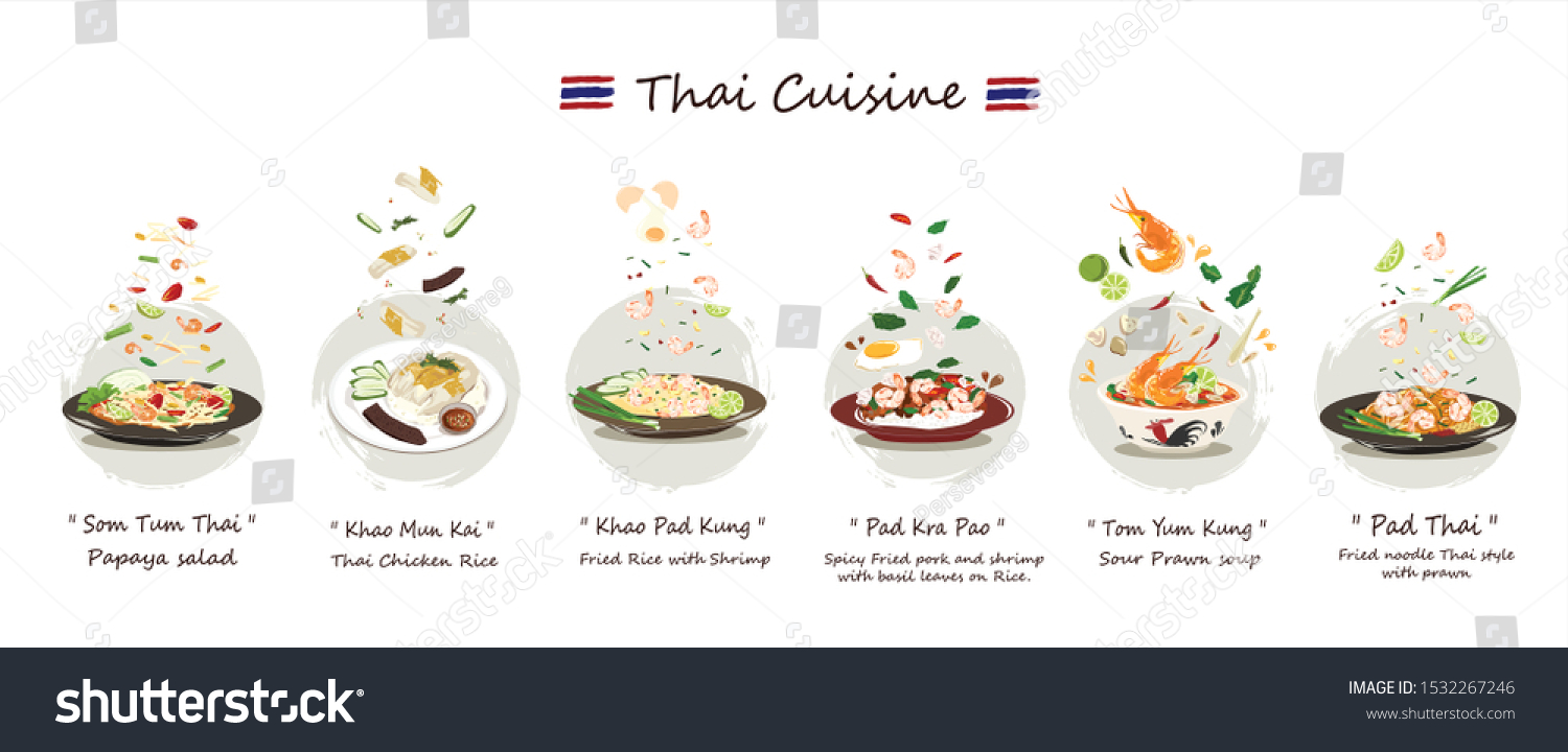 Thai cuisine set.Set of Delicious Thai food vector isolated on white background.Thai cuisine vector Somtum,Khao-mun-kai, Khaopad , Pad-kra-paw , Tom-yum-kung , Pad-thai.Thai food vector. #1532267246
