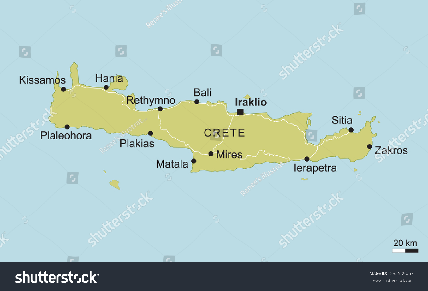 vector map of Crete with important cities and - Royalty Free Stock ...