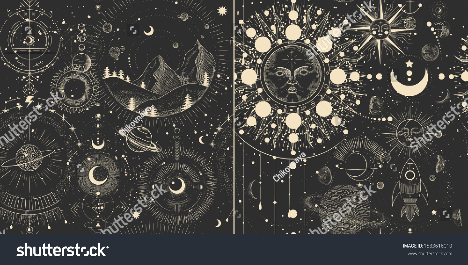 Vector illustration set of moon phases. Different stages of moonlight activity in vintage engraving style. Zodiac Signs #1533616010