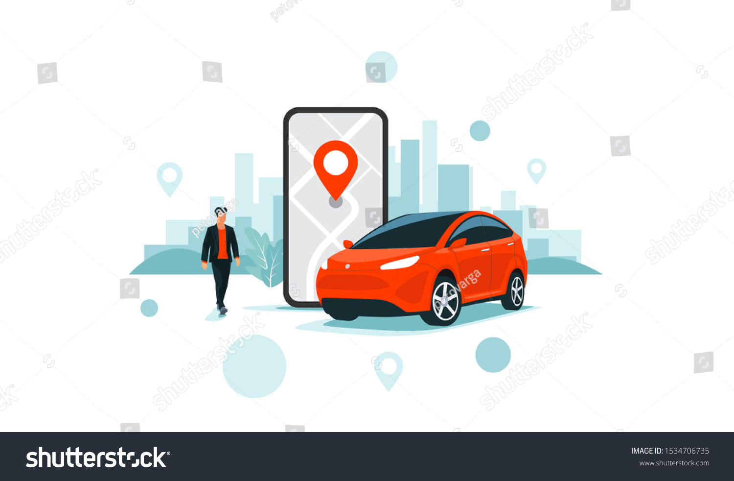 Vector illustration of autonomous online car sharing service controlled via smartphone app. Phone with location mark and smart car with modern city skyline. Isolated connected vehicle remote parking.  #1534706735