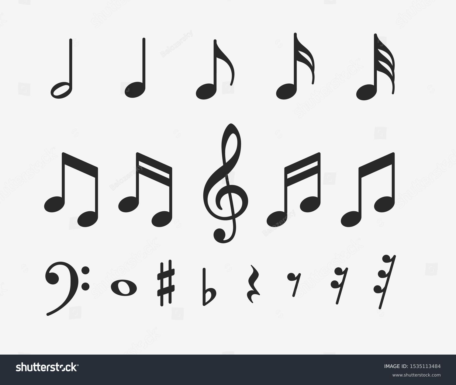 Music notes icons set. Musical key signs. Vector symbols on white background. #1535113484