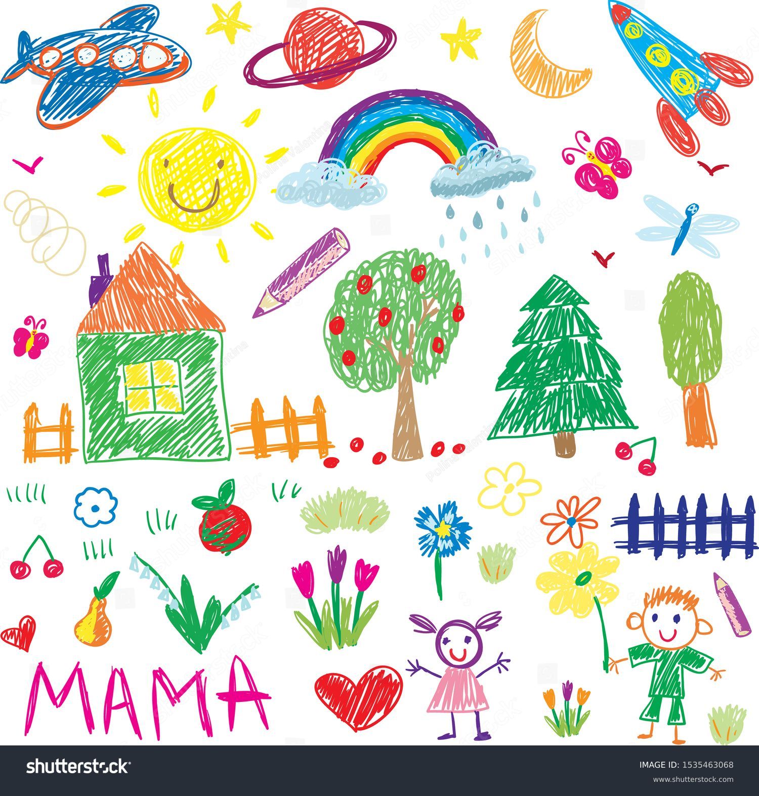 Kids drawing vector elements for kindergarten posters and banners. Children drawing style of icons. #1535463068