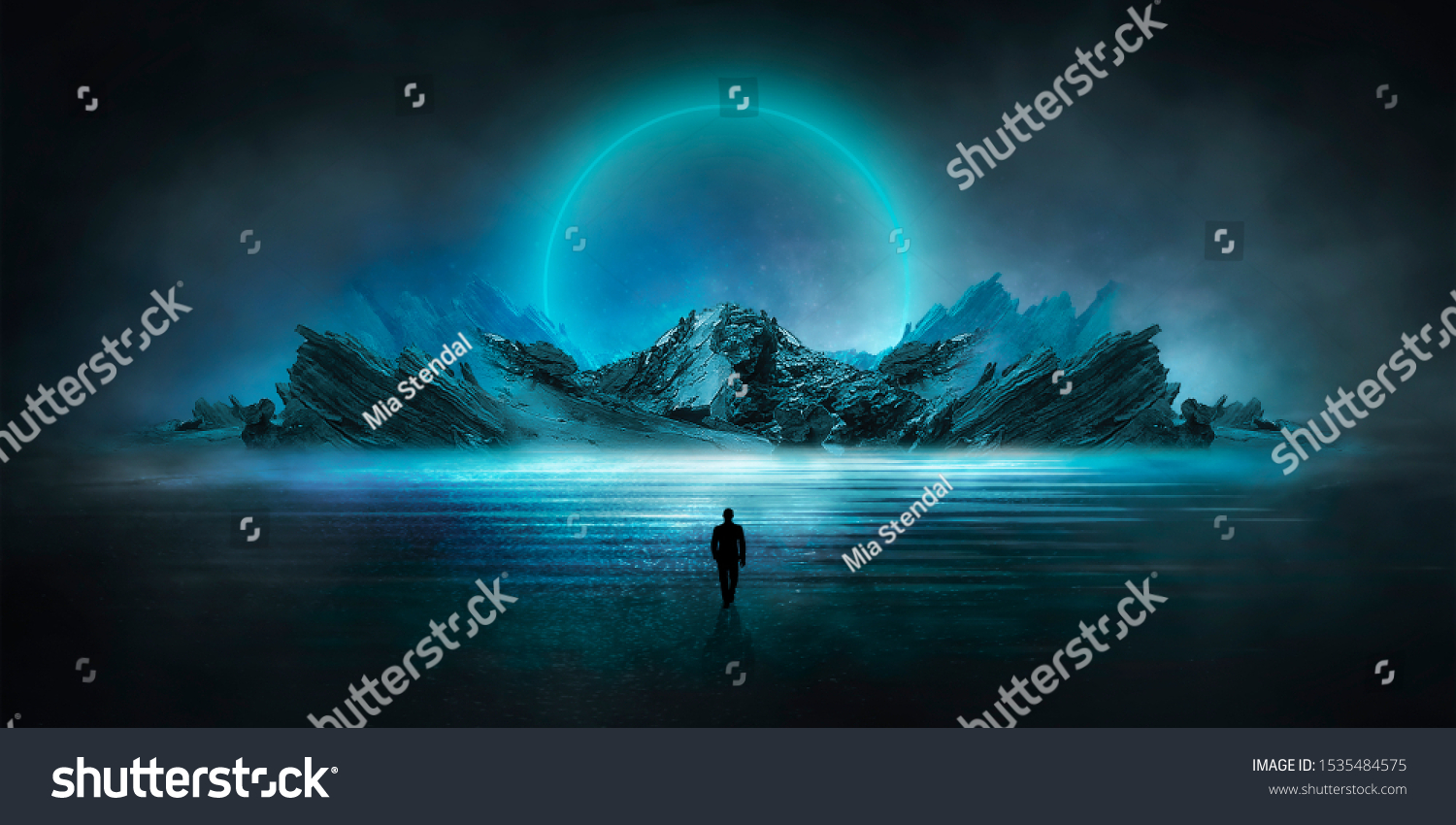 Futuristic night landscape with abstract landscape and island, moonlight, shine. Dark natural scene with reflection of light in the water, neon blue light. Dark neon circle background. #1535484575