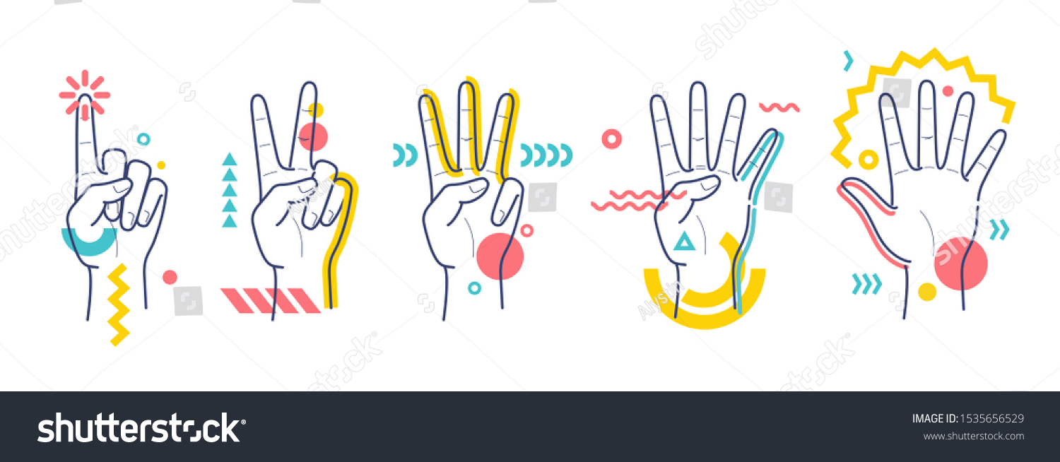 Hands showing numbers one, two, three, four, five. Flat / line style with colorful small geometric particles and dots. Set elements.