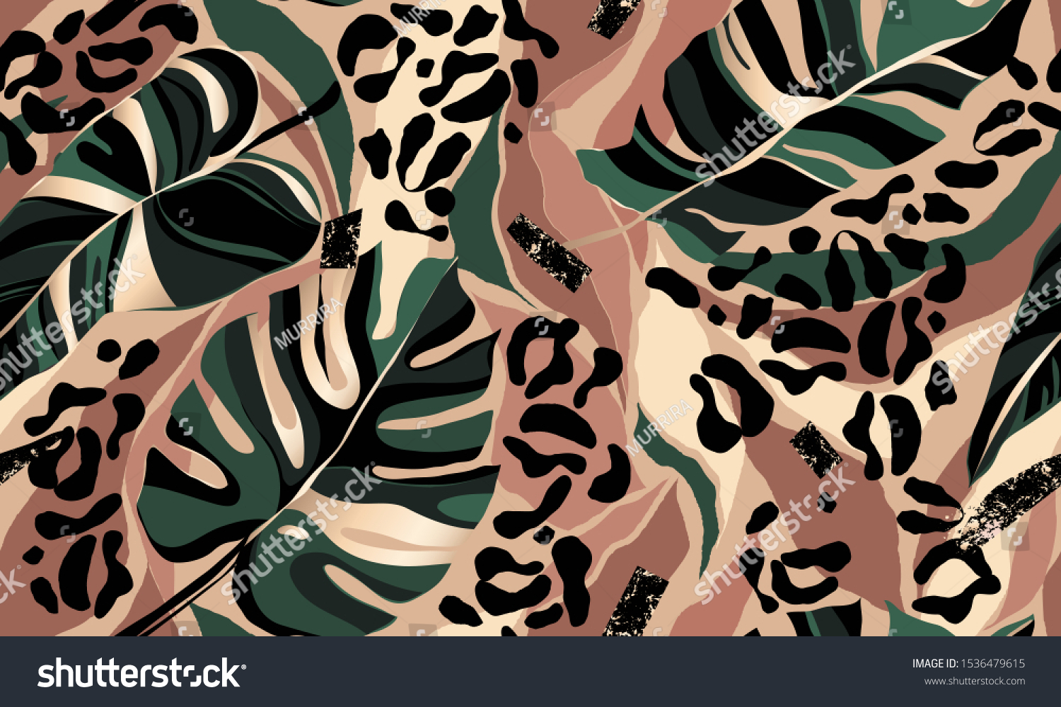 Modern exotic pattern with leopard skin. Creative collage contemporary floral seamless pattern. Fashionable template for design. #1536479615