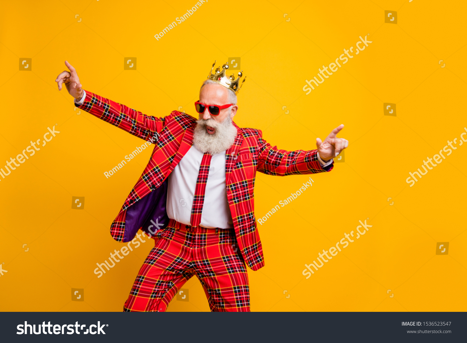 Photo of cool look grandpa white beard vip guy dancing strange youth moves little drunk wear crown sun specs plaid red blazer tie pants outfit isolated yellow color background #1536523547