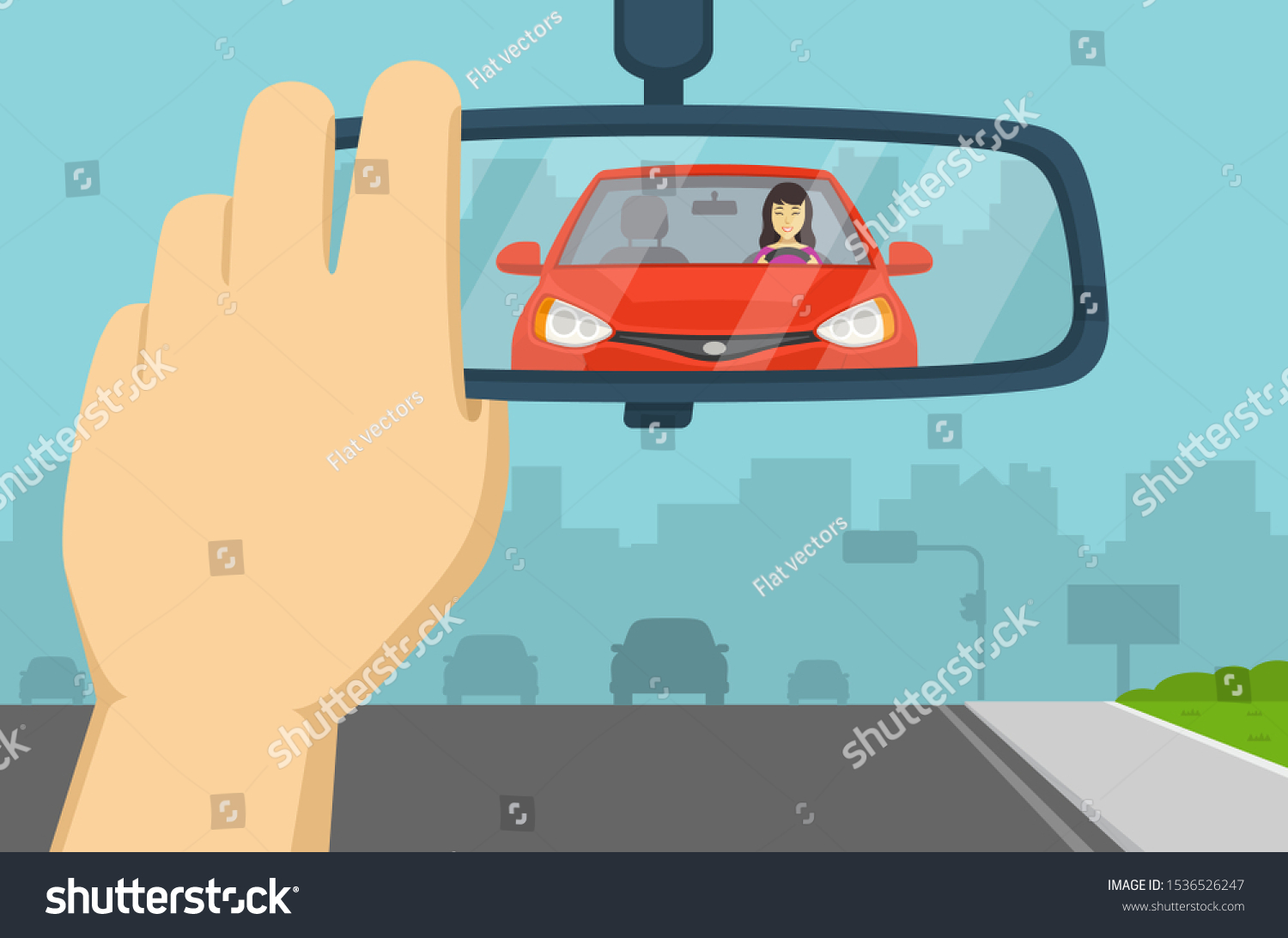 Hand adjusting rear view mirror in a car. Close-up of car rear mirror. Flat vector illustration template. #1536526247