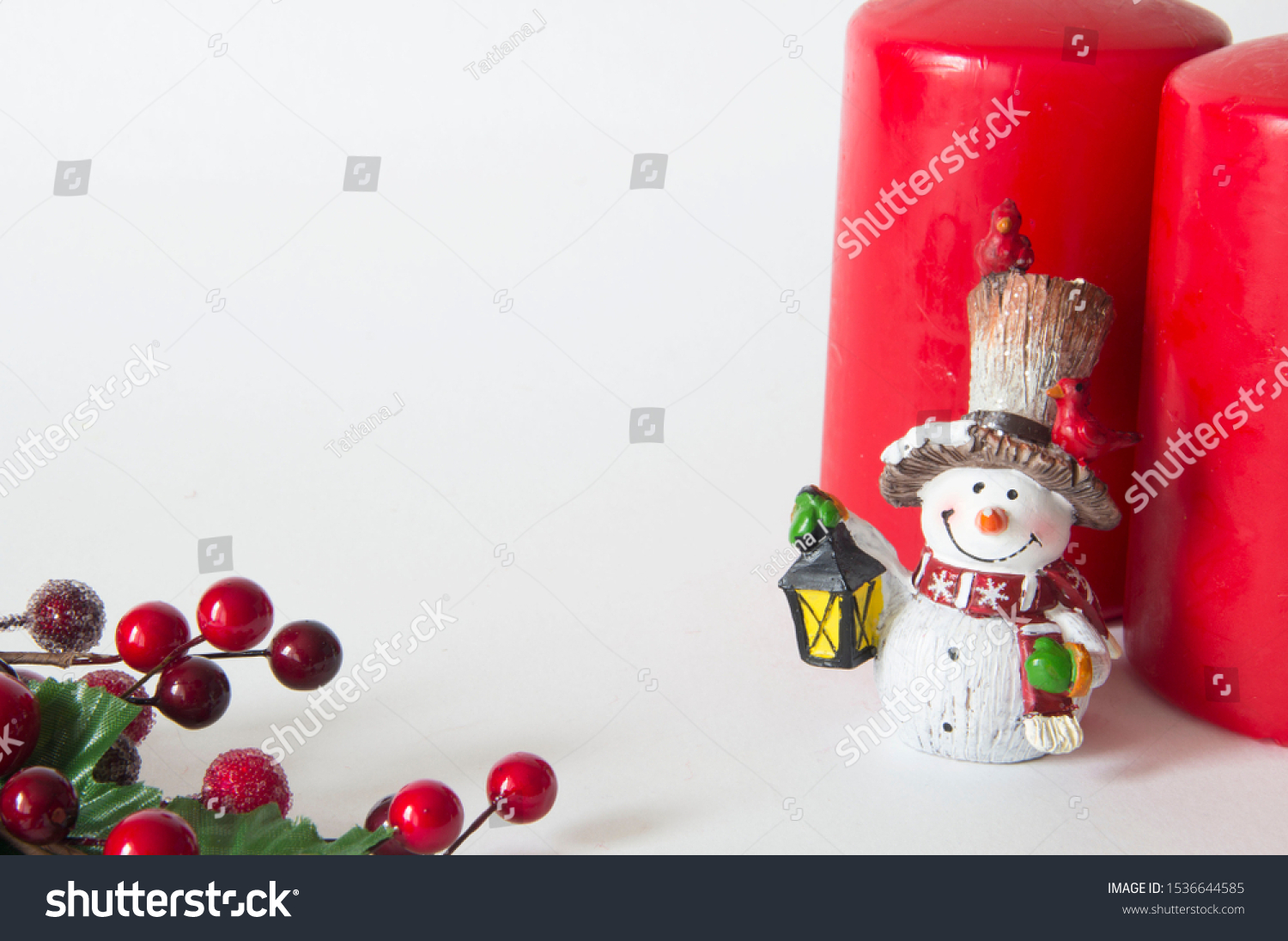 Christmas card with Christmas figures and branch with red berries #1536644585