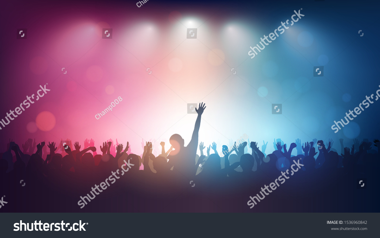 Silhouette of people raise hand up in music concert with red and blue color spotlight on stage background #1536960842